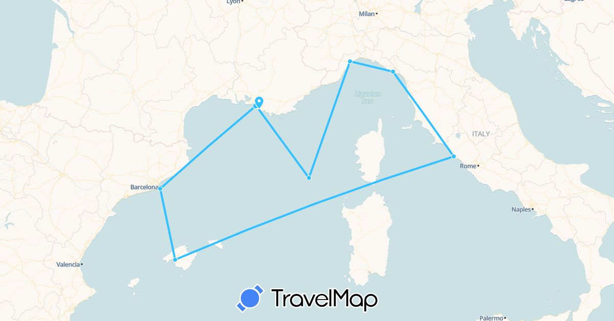TravelMap itinerary: boat in Spain, France, Italy (Europe)